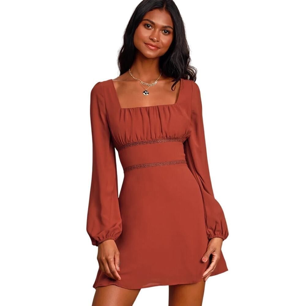 Lulus Loving Memories Skater Dress Women's Small Red Rust Crochet Mini Gauzy